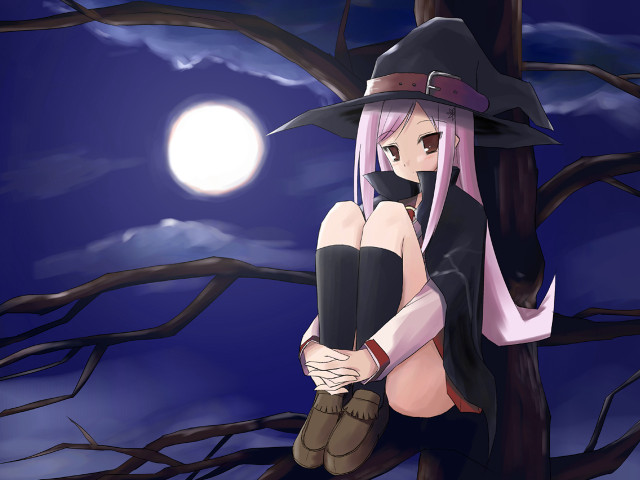 Girl witch costume sitting moonlight free wallpaper for desktop - medium preview image