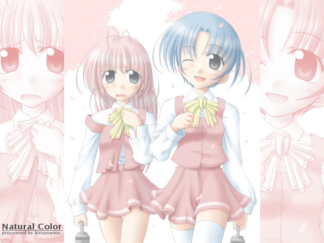 Bluehair pinkdress twoanimegirls bowtie blush free wallpaper for desktop - medium preview image