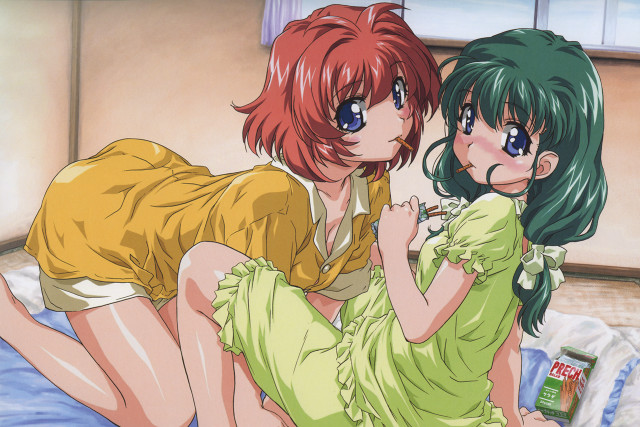 Anime girls bed yellow dress free wallpaper for desktop - medium preview image