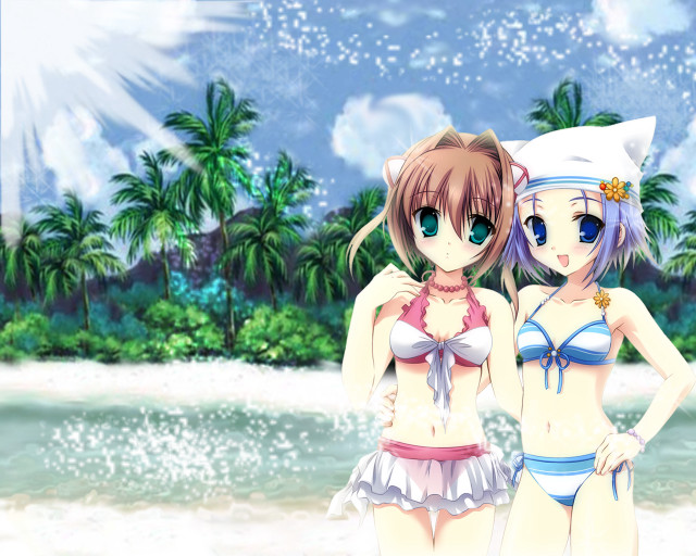 Beach anime girls palm trees free wallpaper for desktop - medium preview image