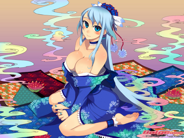 Blue hair kimono giantess sitting free wallpaper for desktop - medium preview image