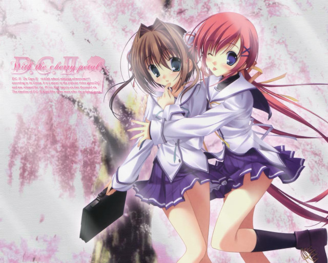 Anime girls hugging pink cherryblossoms free wallpaper for desktop - medium preview image