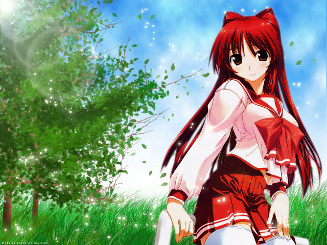 Girl red dress grass tree free wallpaper for desktop - medium preview image
