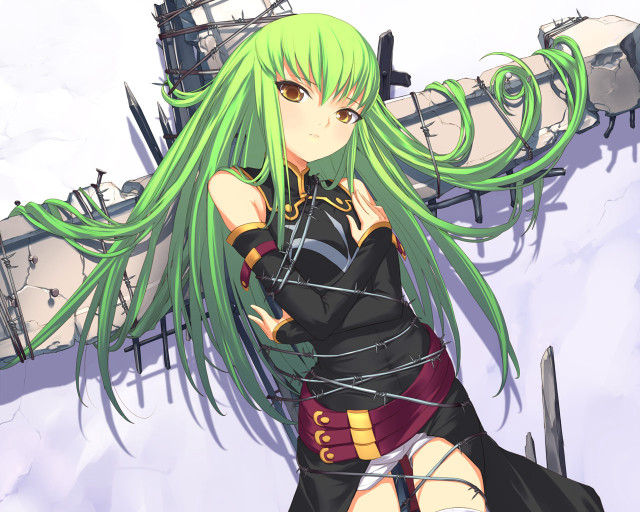 Green haired girl sword building free wallpaper for desktop - medium preview image