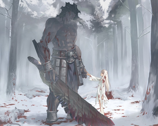 Forest man woman blood sword free wallpaper for desktop - medium preview image
