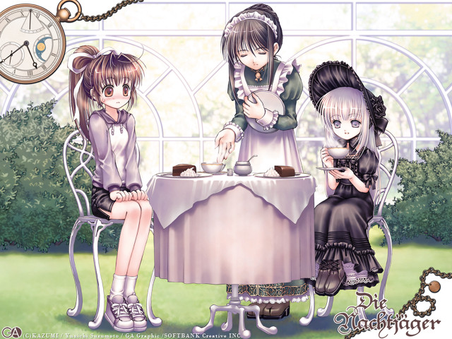 Three anime girls clock table free wallpaper for desktop - medium preview image