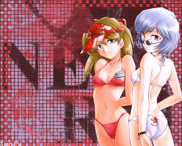 Anime girls bikinis red background free wallpaper for desktop - medium preview image