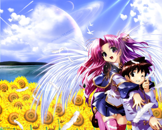 Sunflowers anime couple magical sky free wallpaper for desktop - medium preview image