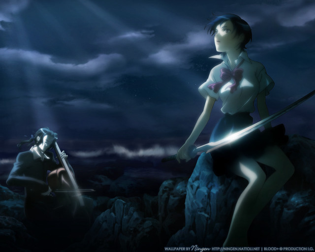 Woman sword mountain clouds night free wallpaper for desktop - medium preview image