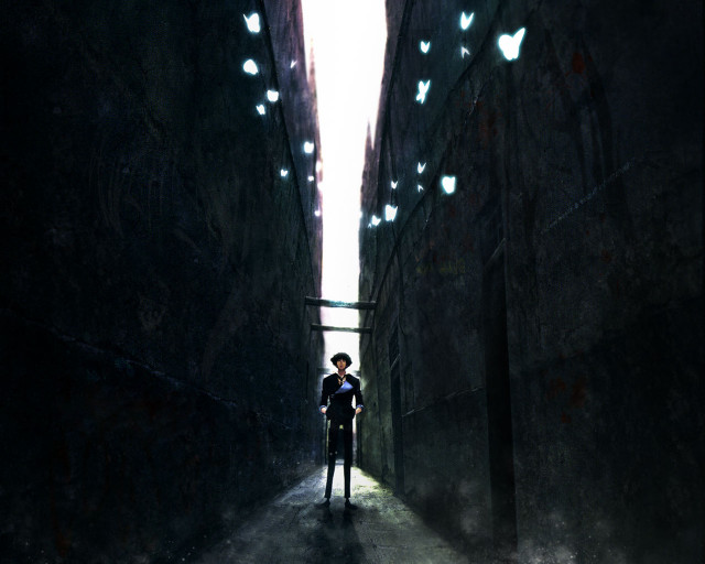Alleyway man shadow falling petals free wallpaper for desktop - medium preview image