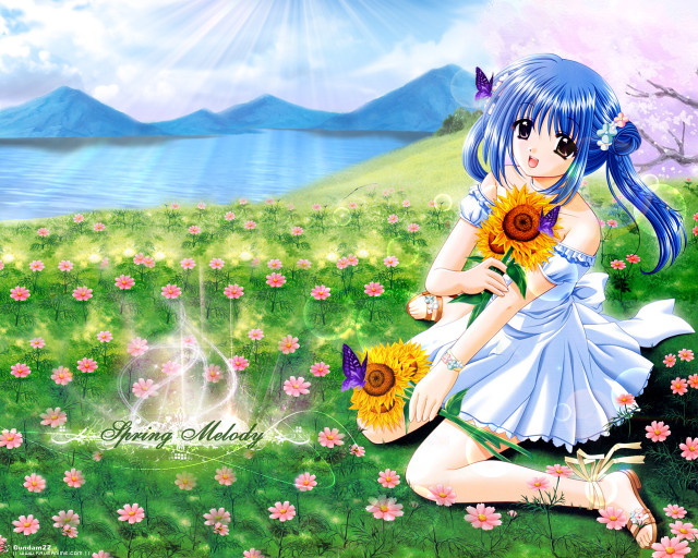 Girl field butterfly blue hair free wallpaper for desktop - medium preview image