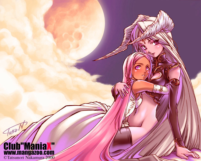 Full moon hugging anime girls free wallpaper for desktop - medium preview image