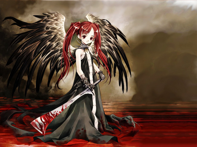 Red haired woman winged sword free wallpaper for desktop - medium preview image