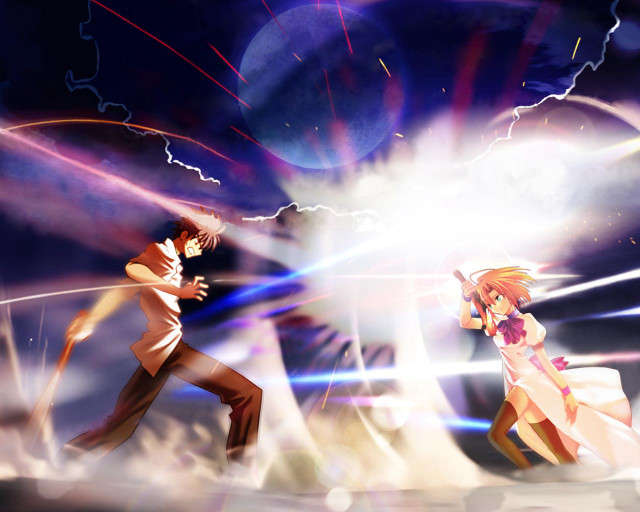 Dancing anime couple lightning explosions free wallpaper for desktop - medium preview image