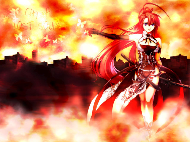 Fiery sword woman cityscape autumn free wallpaper for desktop - medium preview image