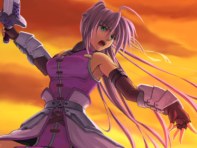 Woman sunset armor sword pinkhair free wallpaper for desktop - medium preview image