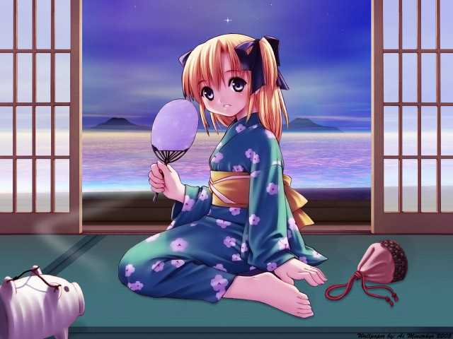Girl kimono fan mirror ocean free wallpaper for desktop - medium preview image