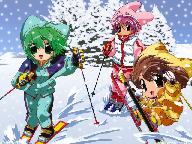Skiing anime girls snow trees free wallpaper for desktop - medium preview image
