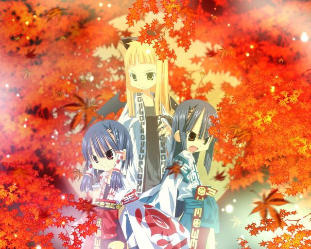 Anime girls autumn leaves tree free wallpaper for desktop - medium preview image