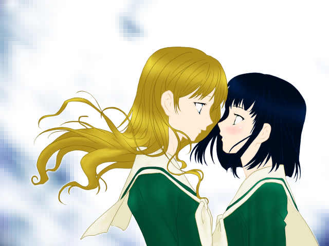 Anime girls kissing green tops free wallpaper for desktop - medium preview image