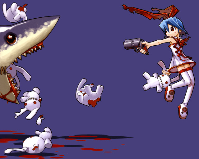 Cartoon shark attack gun dog free wallpaper for desktop - medium preview image