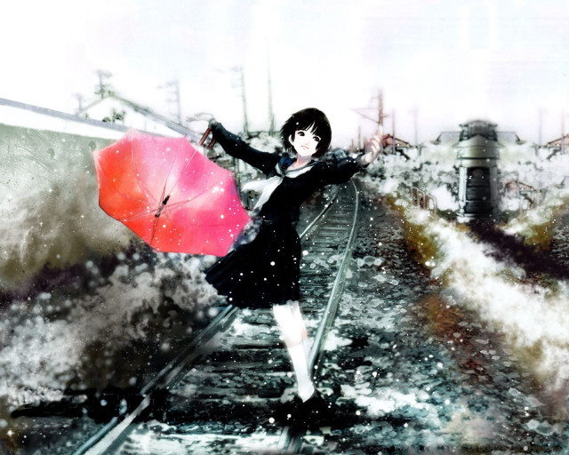 Woman red umbrella snow anime free wallpaper for desktop - medium preview image