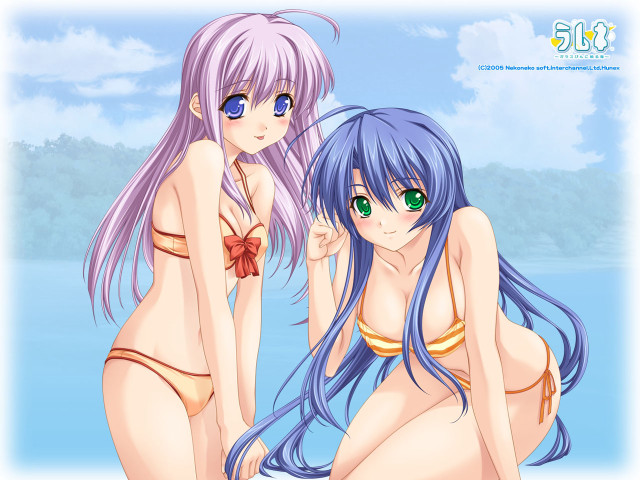 Anime girls beach bikinis blue free wallpaper for desktop - medium preview image