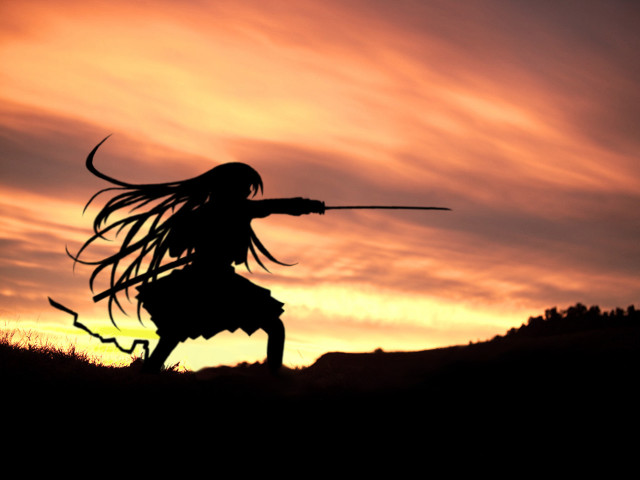 Long hair sword sunset clouds free wallpaper for desktop - medium preview image