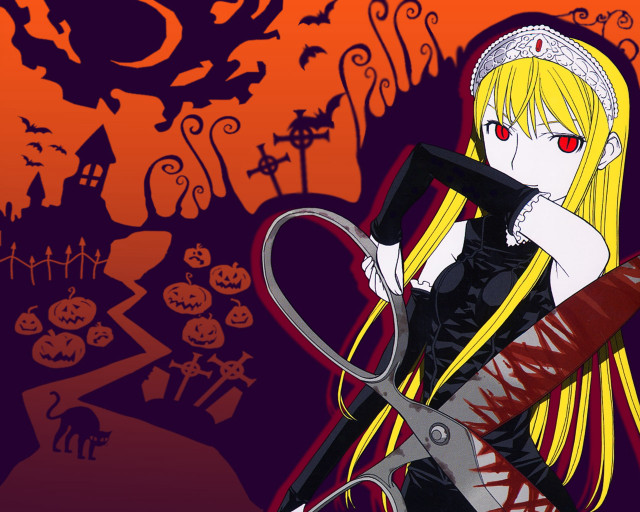 Cartoon girl blonde halloween pumpkins free wallpaper for desktop - medium preview image