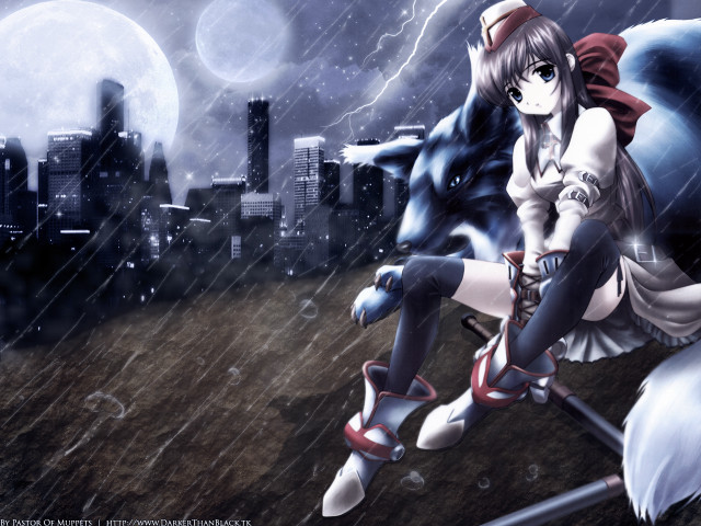 Anime girl rainy cityscape moon free wallpaper for desktop - medium preview image