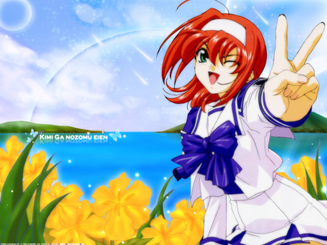 Redhair girl peace sign blue free wallpaper for desktop - medium preview image
