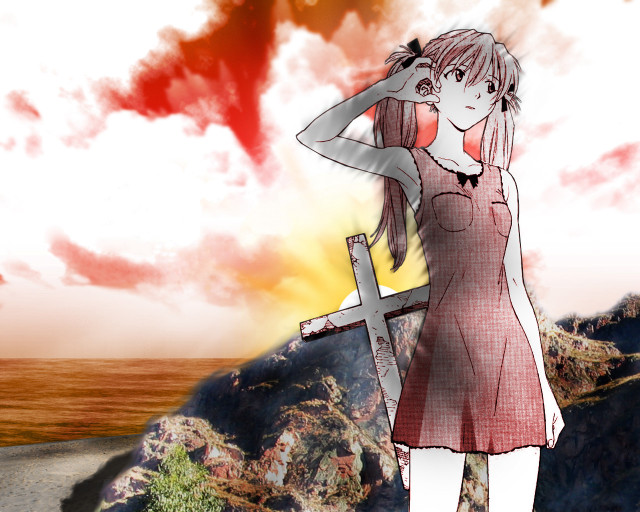 Girl red dress cross hill free wallpaper for desktop - medium preview image