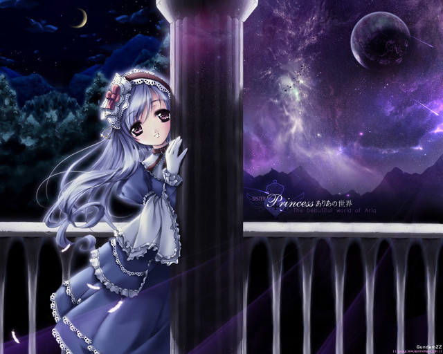 Anime girl blue dress balcony free wallpaper for desktop - medium preview image