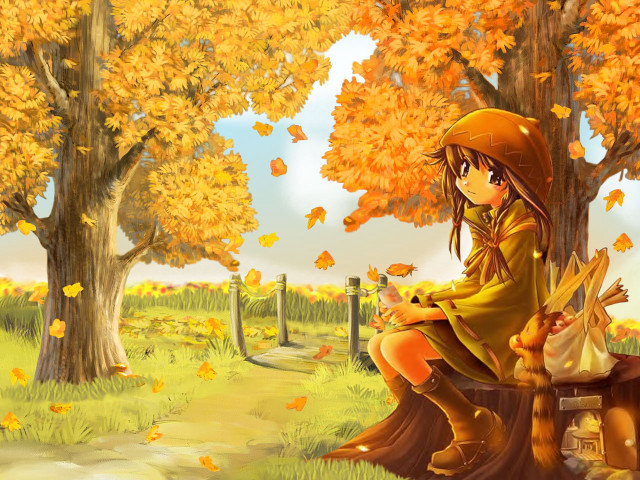 Autumn leaves girl bench dog free wallpaper for desktop - medium preview image