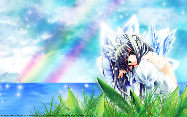 Anime girl rainbow outdoors long free wallpaper for desktop - medium preview image