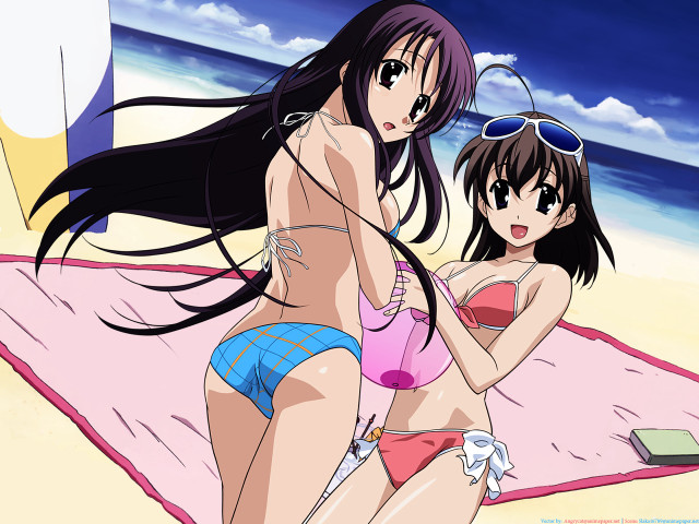 Two women beach bikinis umbrella free wallpaper for desktop - medium preview image