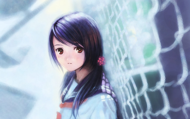 Girl fence flower backpack anime free wallpaper for desktop - medium preview image