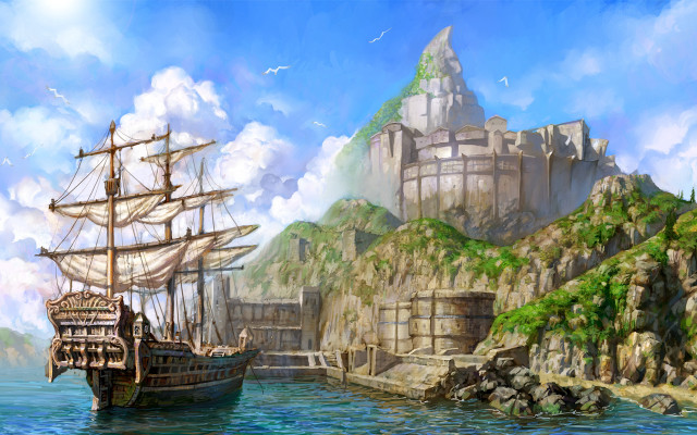 Fantasy ship castle waterfront matte free wallpaper for desktop - medium preview image