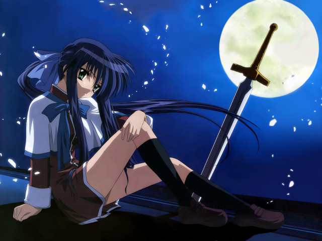 Girl sitting sword fullmoon anime free wallpaper for desktop - medium preview image