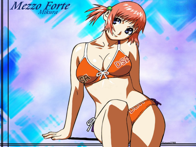 Cartoon woman bikini sitting outdoors free wallpaper for desktop - medium preview image