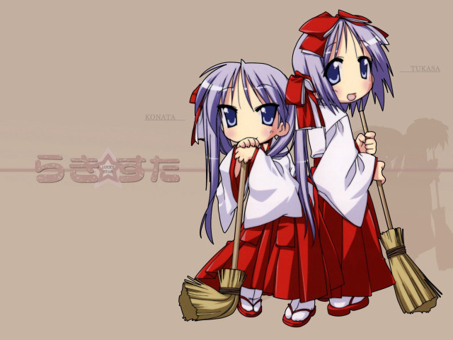 Anime sisters bamboo brooms hakama free wallpaper for desktop - medium preview image