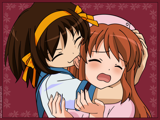 Anime hugging girls snowflakes red free wallpaper for desktop - medium preview image