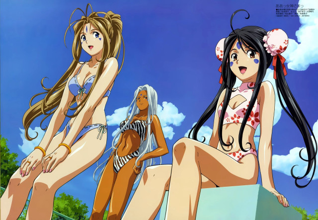 Three anime girls bikinis outdoor free wallpaper for desktop - medium preview image