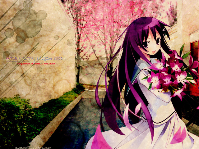 Girl bouquet pinkflowers anime purplehair free wallpaper for desktop - medium preview image