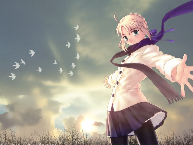 Girl whitecoat purplescarf bird sunset free wallpaper for desktop - medium preview image