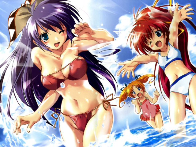 Three anime girls bathing suits free wallpaper for desktop - medium preview image