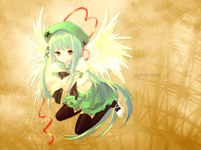 Anime girl green hair wings free wallpaper for desktop - medium preview image