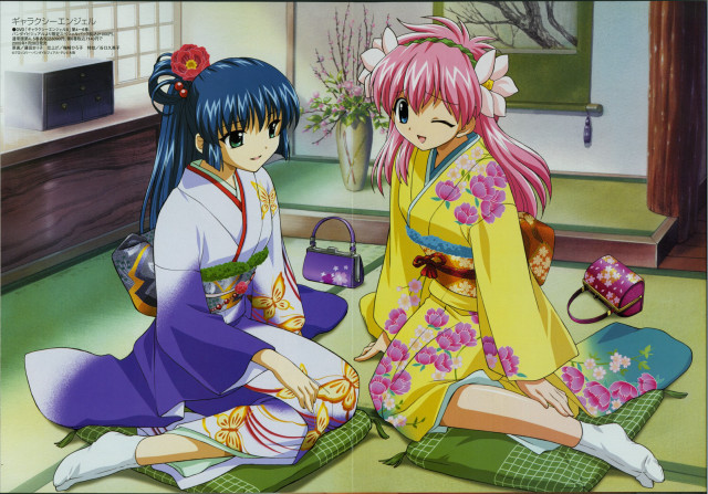 Anime girls flower kimono sake free wallpaper for desktop - medium preview image