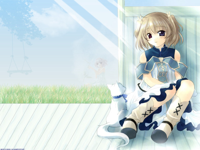 Anime girl sitting cat tree free wallpaper for desktop - medium preview image