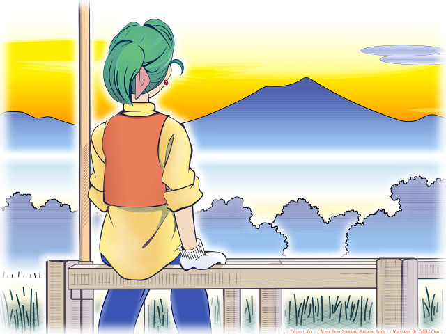 Mountain water sunset green hair free wallpaper for desktop - medium preview image